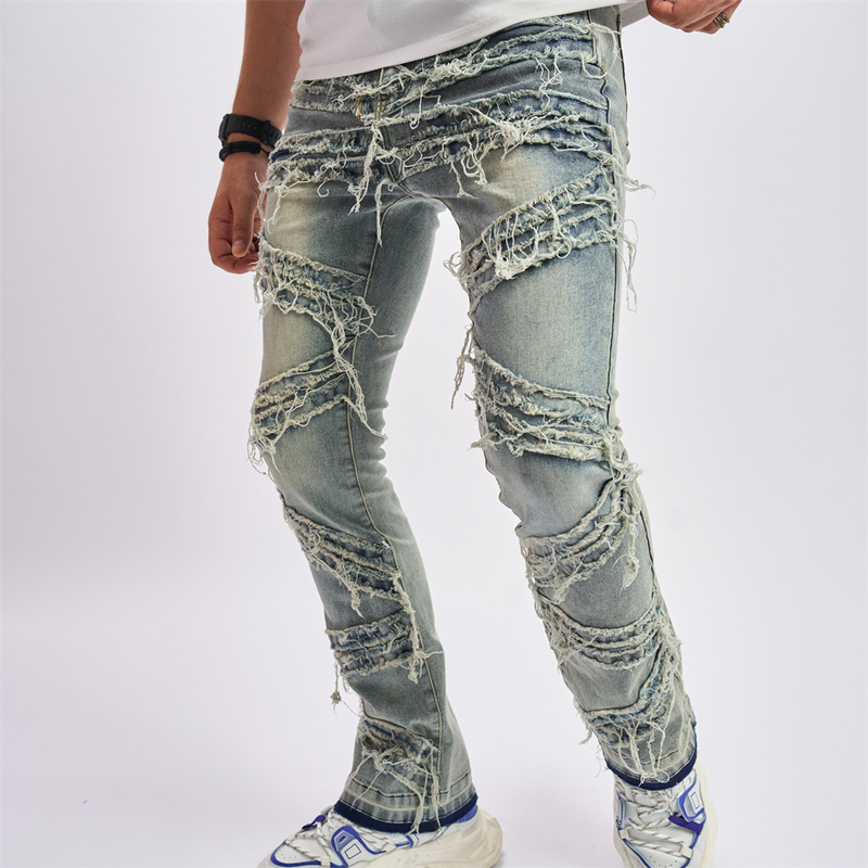 Novos jeans rasgados, tecido costurado com bigode de gato, calças largas elásticas da moda, calças casuais masculinas_voghion.com