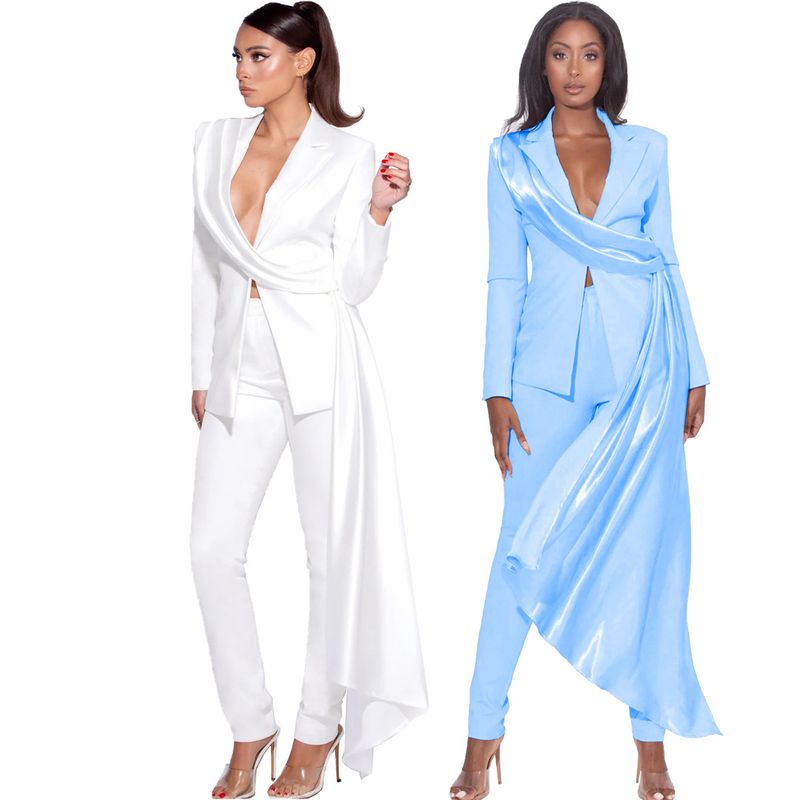 Women's sexy suit jacket two-piece solid color casual long-sleeved lapel button _voghion.com
