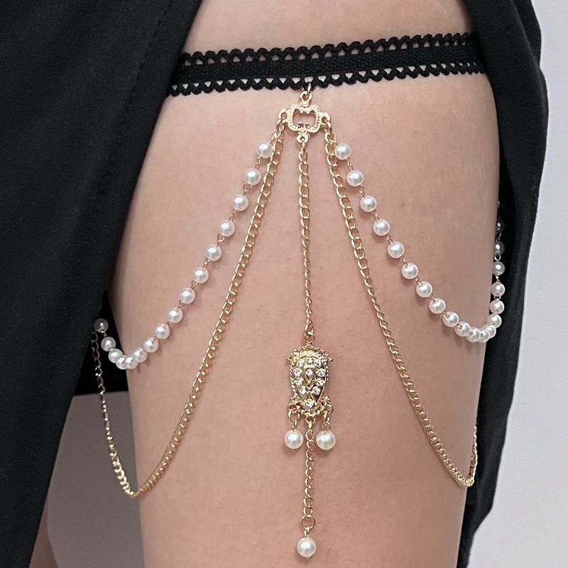 Strand elastische mehrschichtige Perle Oberschenkel für Frauen trendige Strass Bein Quaste geometrische Körperkette_voghion.com