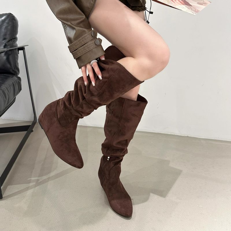 Over-the-Knee For Women 2025 Autumn Winter New High Tube Women's Suede Wrinkled Slouch Boots With Hidden Wedge_voghion.com