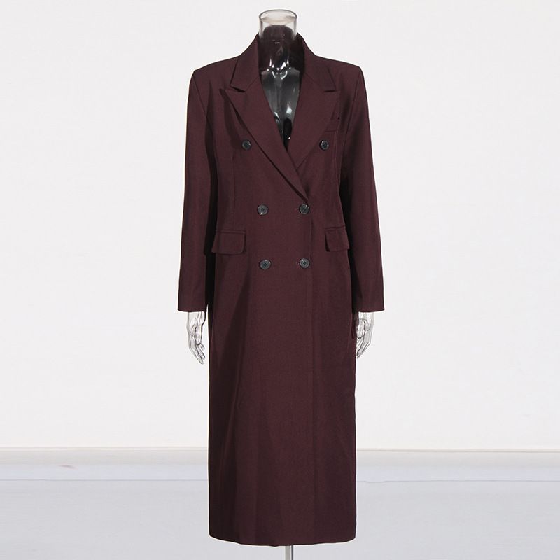Women’s Elegant Long Trench Coat – French-Inspired Double-Breasted Coat With Notched Lapel (Angora Red/Black, S-XL, Wrinkle-Resistant)_voghion.com