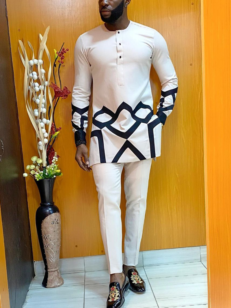 Kaftan Elegant Afrikansk Sett 2-delt Antrekk Langermede Etniske Topper og Bukser Full Herredress Bryllup Herreklær_voghion.com