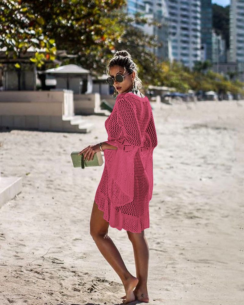 Unregelmäßiger tiefer V-Ausschnitt für Damen, sexy, ausgehöhlt, gewebt, Strandkleid, Überzug_voghion.com