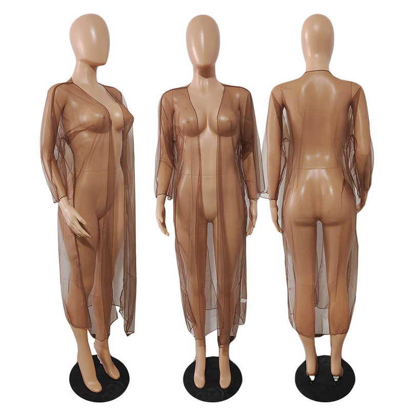 DY6919 Women's New Fashionable Elegant Mesh Transparent Versatile Long Loose Cardigan Jacket_voghion.com