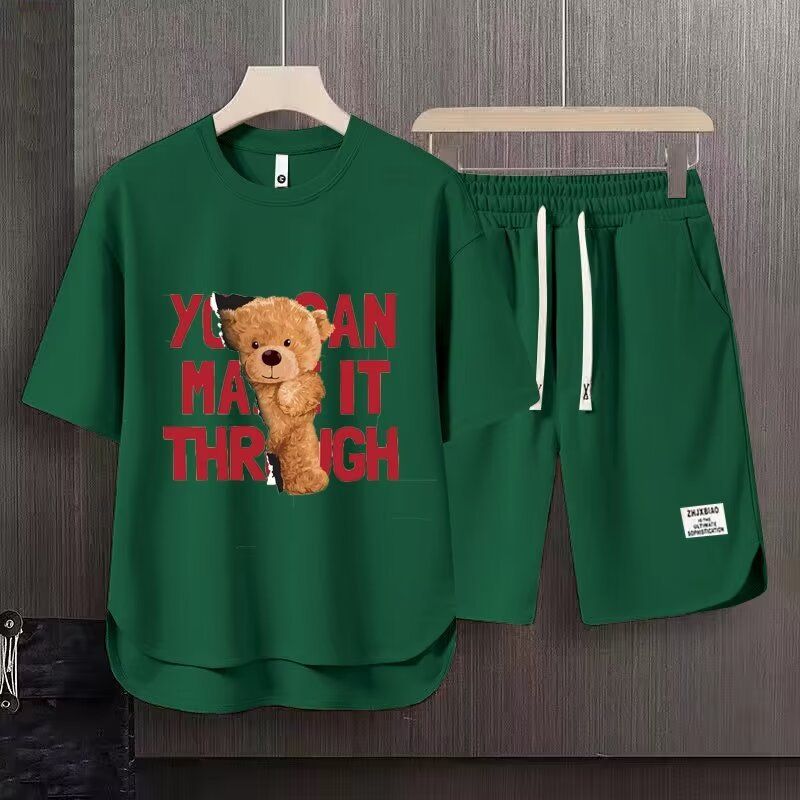 Vêtements pour hommes 2024 gaufré décontracté costume d'été hommes ample adolescent à manches courtes t-shirt Shorts beau deux pièces costume_voghion.com