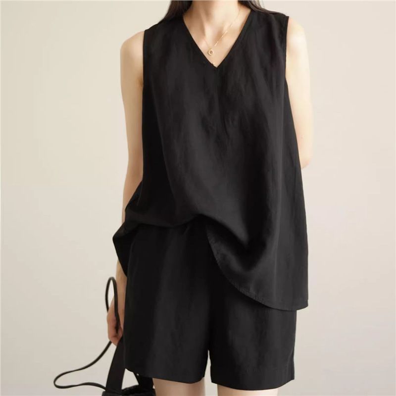 Set due pezzi da donna in cotone e lino, nuovo modello estivo 2025, senza maniche, sottile, largo e traspirante._voghion.com