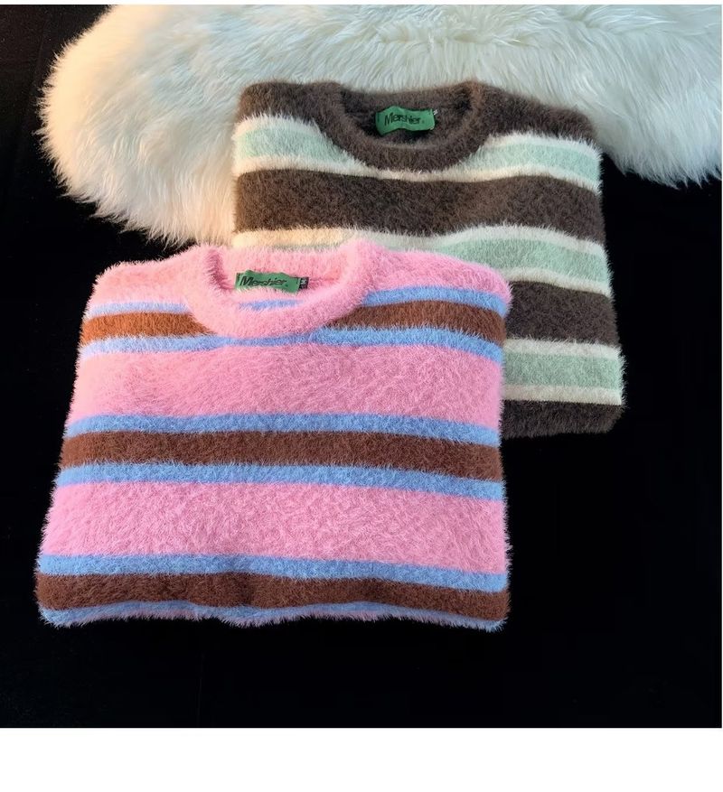 Pull en tricot à col rond paresseux et urieux de marque tendance d'hiver à rayures rétro américaines pour couples_voghion.com