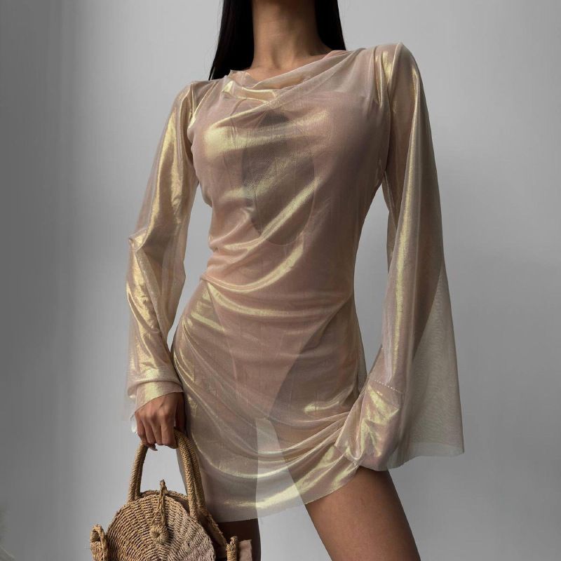 Vestido sexy de manga larga con microcuerno y perspectiva de temperamento a la moda con estampado en caliente de malla de viento y otoño para chica._voghion.com