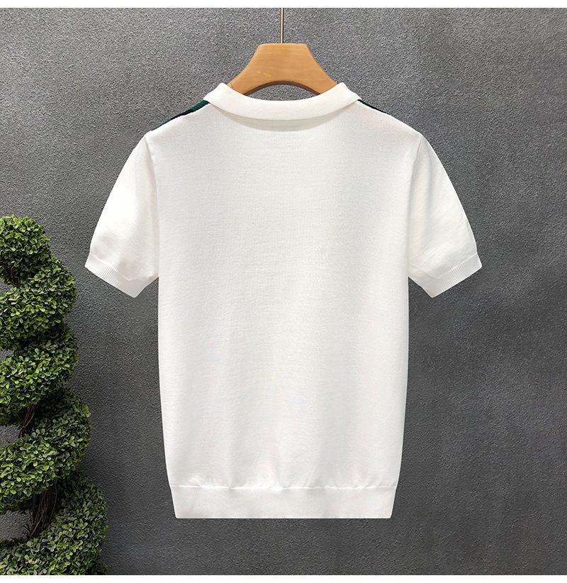 Polo da uomo in seta lavorata a maglia con cerniera, a maniche corte, estiva, stile sottile, alla moda, con colori a contrasto e risvolto sottile._voghion.com