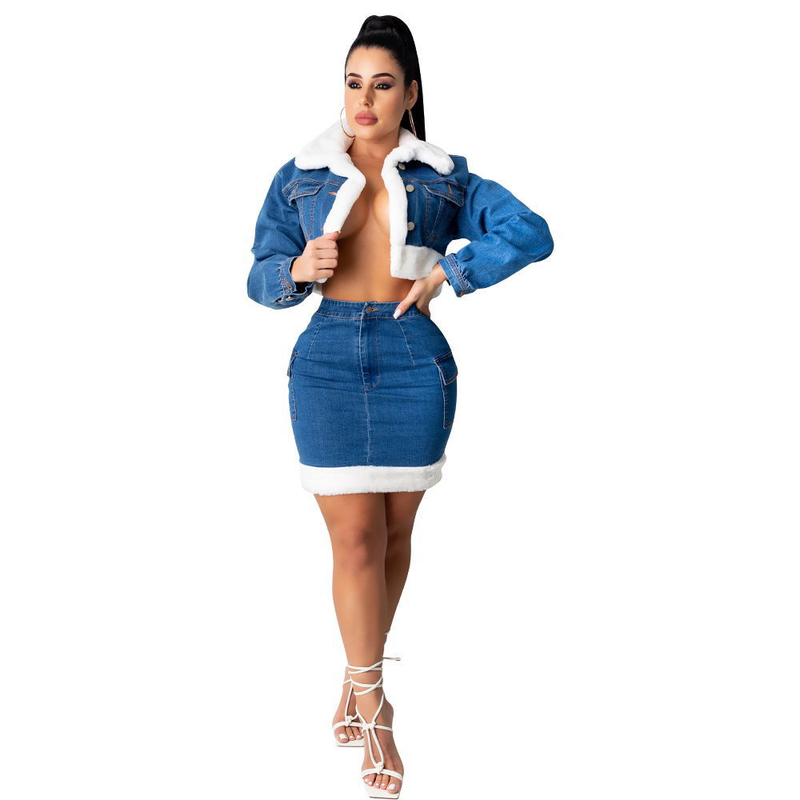 Gonna in denim alla moda da donna in denim felpato gruppo due set_voghion.com