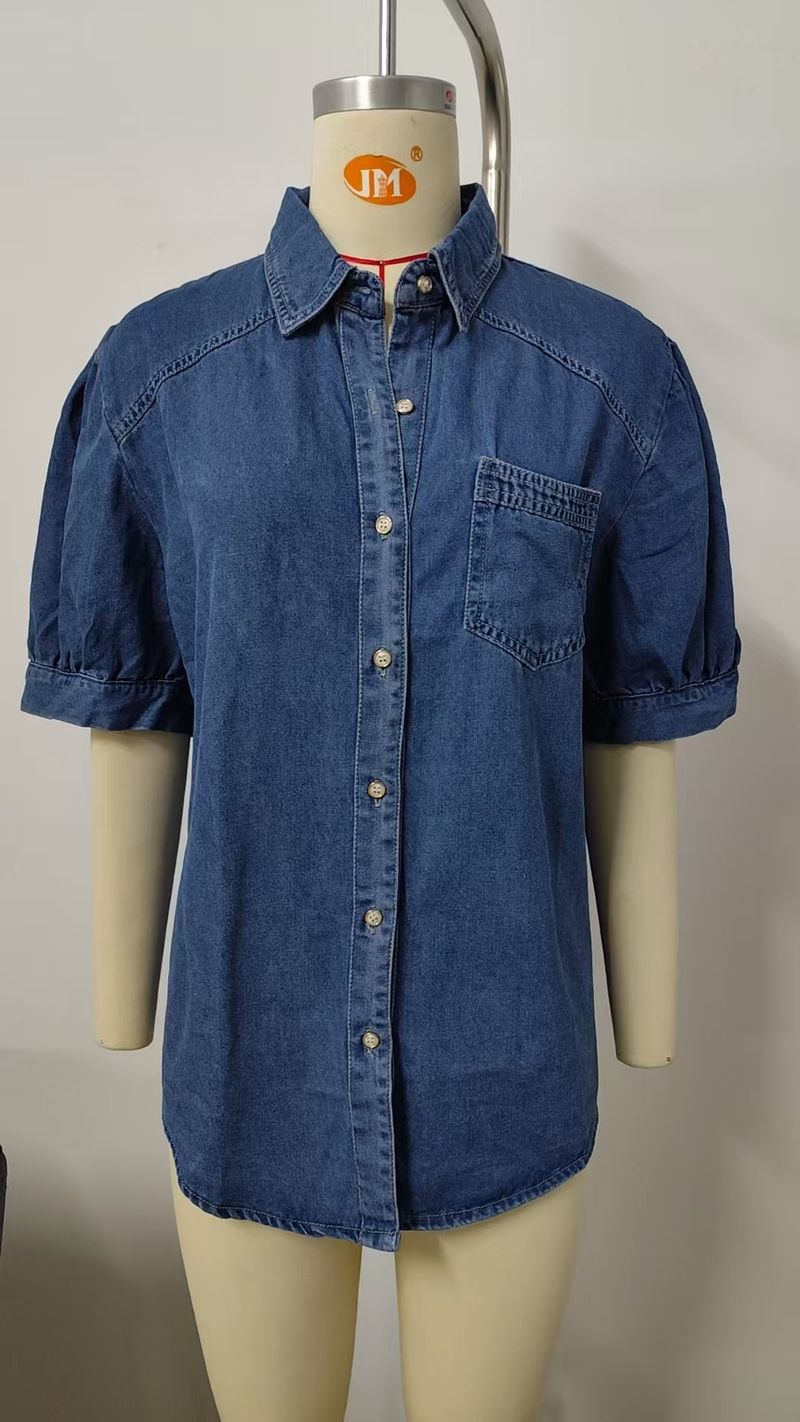 Nueva y versátil camisa vaquera fina con cuello vuelto y mangas princesa, top informal de moda para mujer_voghion.com