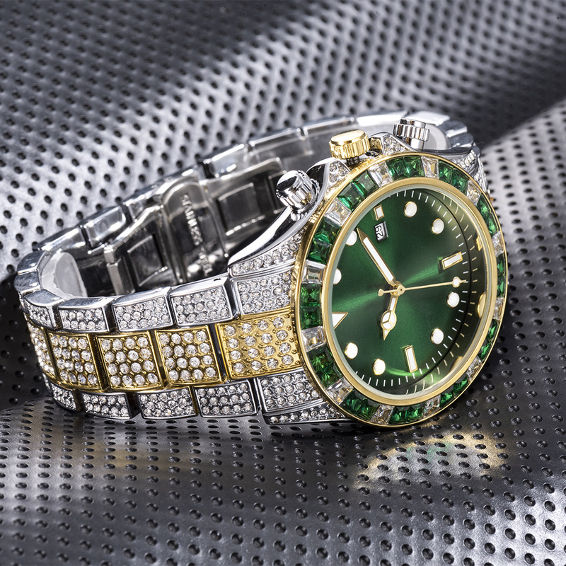 Ceas MISSFOX de înaltă calitate, cu incrustații Ditong, cu disc verde și diamant, Sunburst, cu cuarț luminos_voghion.com