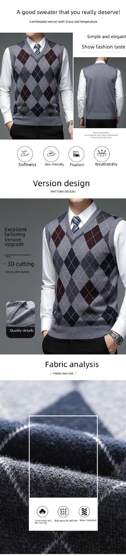 Herrenbekleidung Ärmelloser Pullover mit V-Ausschnitt und Wollweste Ärmelloser Pullover für Väter mittleren und älteren Alters Warme Pulloverweste Modisch_voghion.com