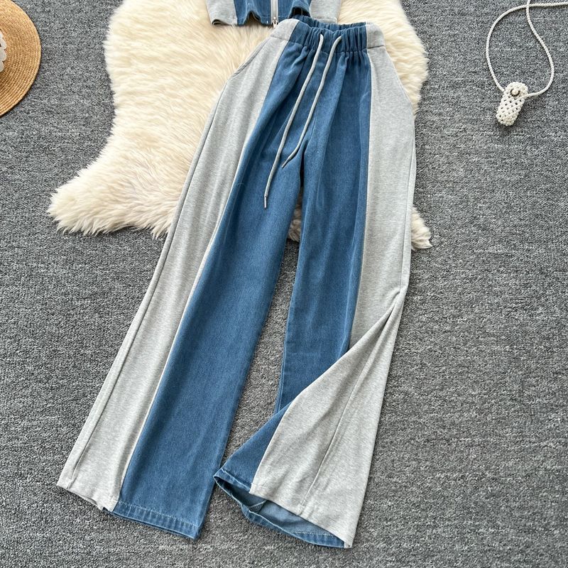 Ensemble complet de vêtements d'été pour femmes, haut décontracté à manches courtes et taille haute, pantalon large en denim à revers rétro, deux pièces_voghion.com