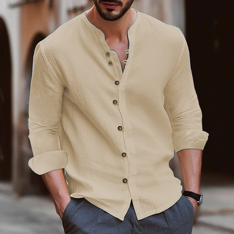 New Men's Retro Solid Color Cotton And Linen Casual Button Long Sleeve Shirt_voghion.com