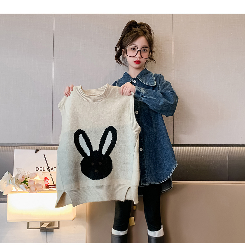 Abito in denim per ragazze, centro commerciale, abbigliamento, camicia primaverile per bambini di 4-14 anni, di mezza età e anziani + gilet di lana_voghion.com