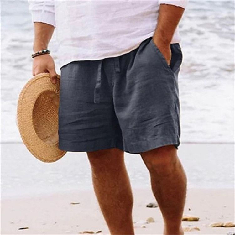 Pantalones cortos de algodón y lino para hombre, de verano, lisos, con cordón ajustable, cintura elástica y bolsillos, informales, para playa_voghion.com