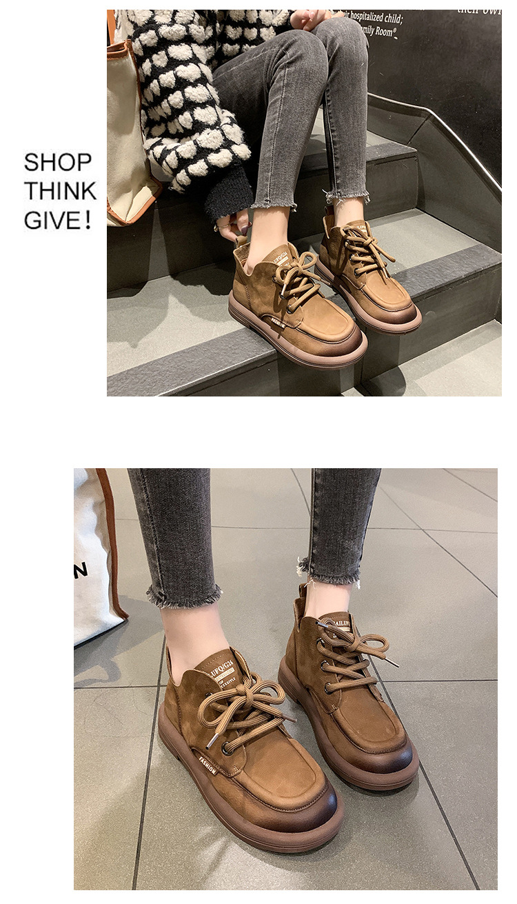 Autumn 2023 New Thick-heeled Round-toed Brown Retro Style High-top Short Boots front lace-up lazy shoes Martin boots women_voghion.com
