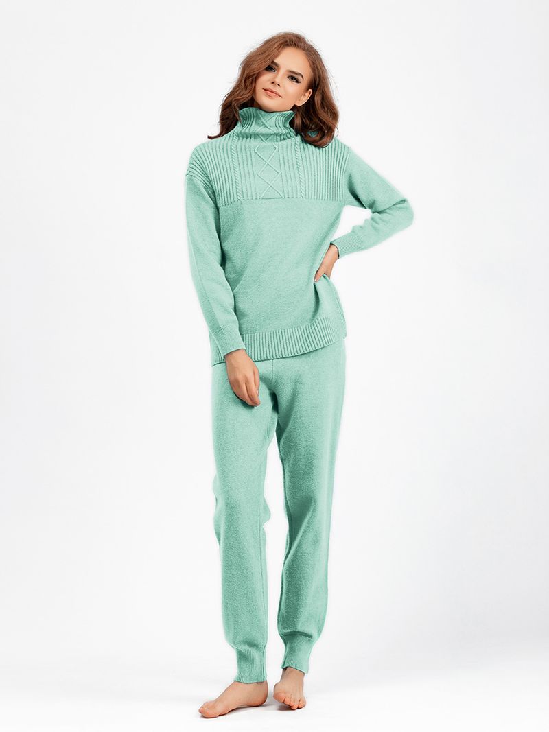 Ensemble de pantalons tricotés doux et polyvalents pour femmes, col mi-haut, pull ample décontracté, vent doux_voghion.com