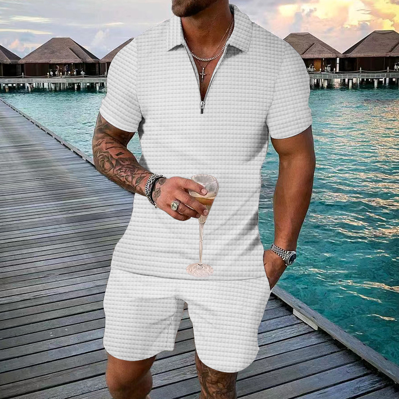 Unbeatable Quality 2025 Men's Short Sleeved Shorts Summer Small Square Casual Loose Half Zip Collar Set For Men_voghion.com