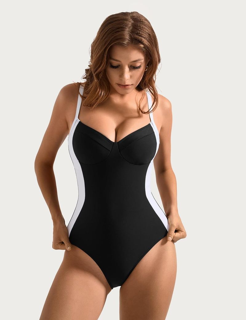 Maillot de bain une pièce à bretelles, bretelles serrées en acier, couleur assortie, modelant le corps_voghion.com