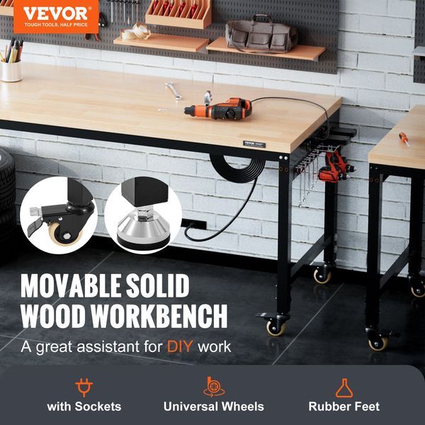 Adjustable Workbench, 72' L X 25' W Garage Worktable With Universal Wheels, 28-39.5' Heights & 3000 LBS Load Capacity, With Power Outlets &_voghion.com