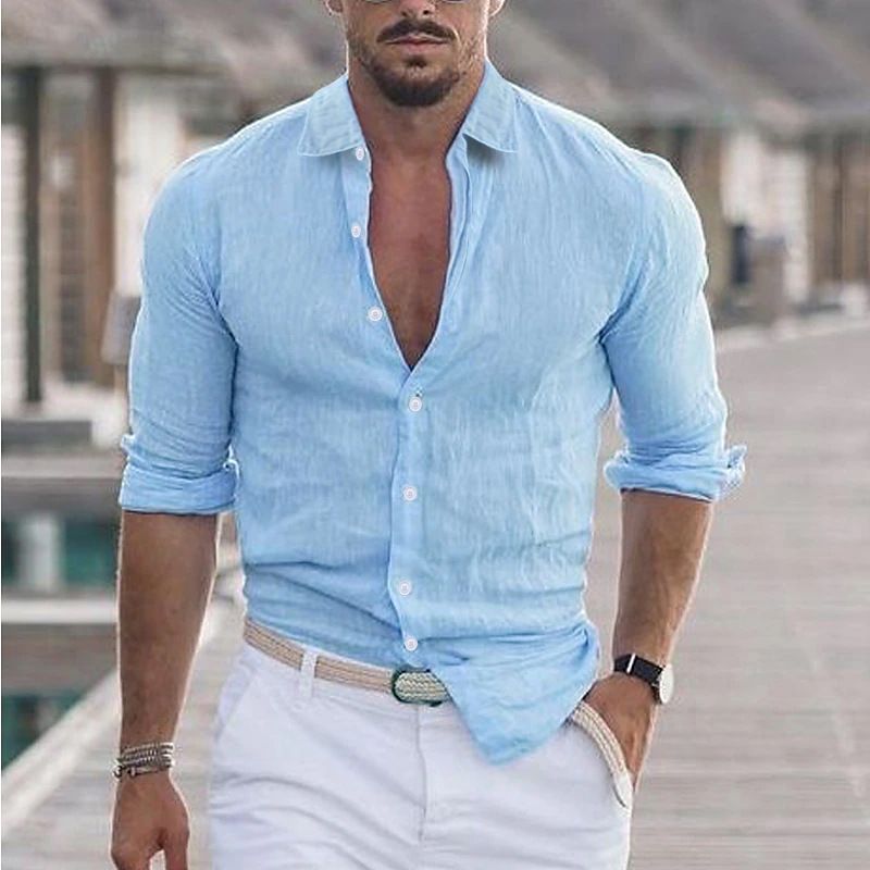 Camicia da spiaggia estiva da uomo in cotone e lino con risvolto, a maniche lunghe, tinta unita, per le vacanze hawaiane_voghion.com