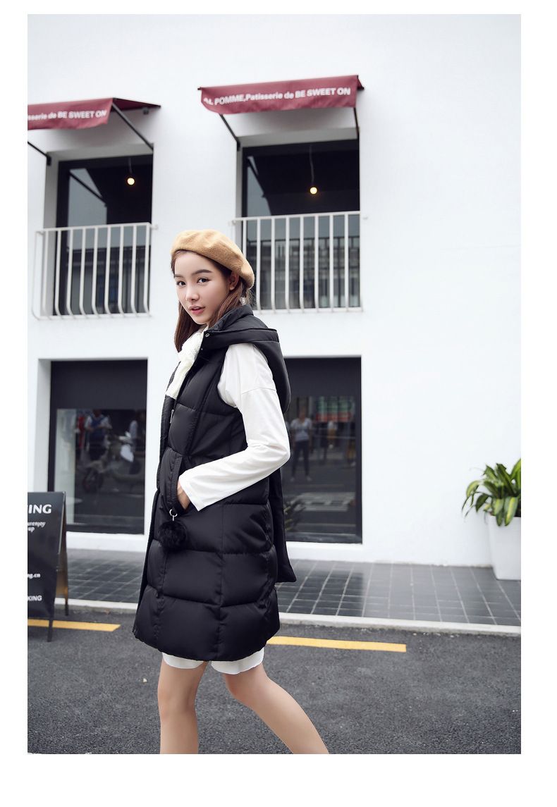 Gilet long tendance pour femme avec poches et pompons – Veste matelassée légère pour le travail et les loisirs (noir, M-3XL)_voghion.com