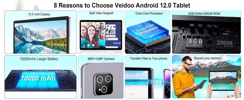 Tablet da 13" 8 GB + 256 GB Wi-Fi 4G 2160 * 1440 2K HD Display Rete Android Batteria a lunga durata da 10000 mAh Design sottile Tablet robusto con supporto per cover_voghion.com