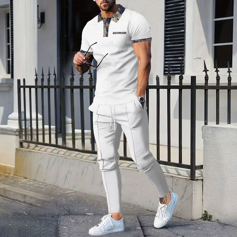 Roupas masculinas com lapela waffle e bolsos combinando, calças de manga curta, terno casual_voghion.com