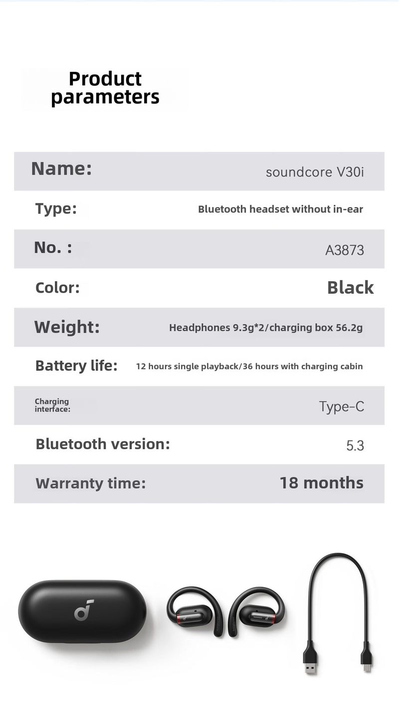 Căști Bluetooth V30i, cu conducție osoasă, montate pe ureche, confortabile, pentru sport, alergare și călărie, A3873_voghion.com