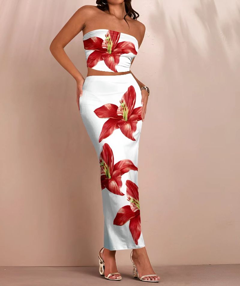 Dameskleding Mode Bloemenprint Multi Color Temperament Slim Fit Tube Top Heup Lange Rok Pak_voghion.com