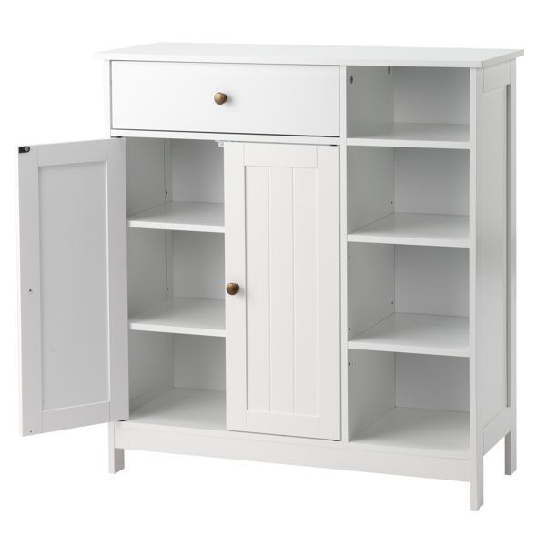 Double-Door Bathroom Cabinet With 2, Adjustable Panels, 1 Drawer And 3 Side Shelves, White_voghion.com