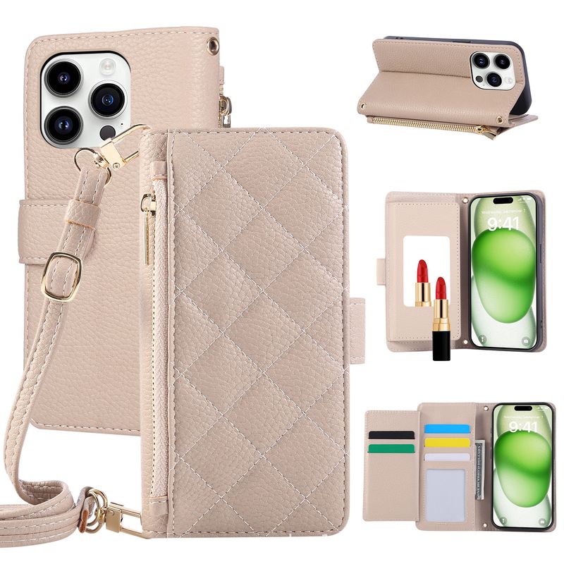 Custodia a portafoglio in pelle premium per iPhone serie 16/17 con scomparti per carte, specchio e cinturino da polso - Custodia protettiva con guscio interno in TPU antiscivolo_voghion.com