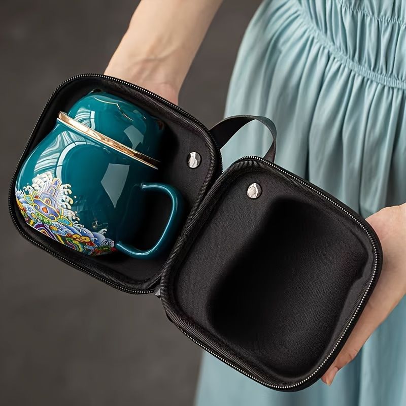 Set, Chinese Fortune Cat Tea Mug With Travel Bag, Ceramic Tea Cup With Infuser And Lid, Portable Drinkware_voghion.com