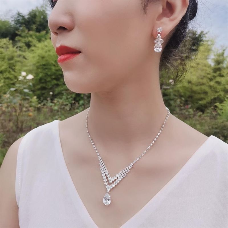 Set di gioielli da sposa - Collana e orecchini in zircone argento (semplice design a cuore, eleganti accessori da sposa)_voghion.com