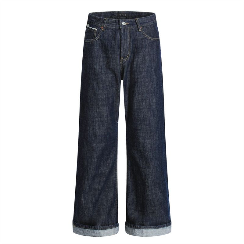 Pantaloni casual versatili da uomo, in denim con orlo arrotolato, gamba larga, stile High Street, alla moda, con risvolti_voghion.com