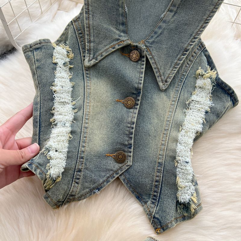 Women's Clothing Retro Washed Distressed Halter Neck Sleeveless Lapel Raw Edge Denim Top Slit Slim Skirt Two Piece Set_voghion.com
