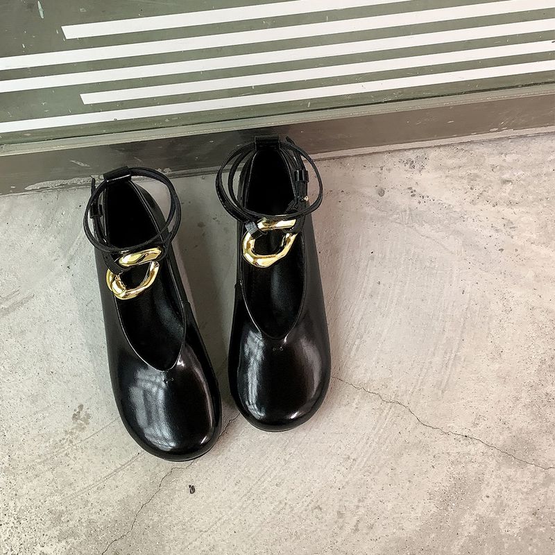 Lan Cabinet Version ~ Flat Silver Ballet For Women With Metal Ring Straps, Hidden Wedge, Big Toe Mary Jane Shoes_voghion.com