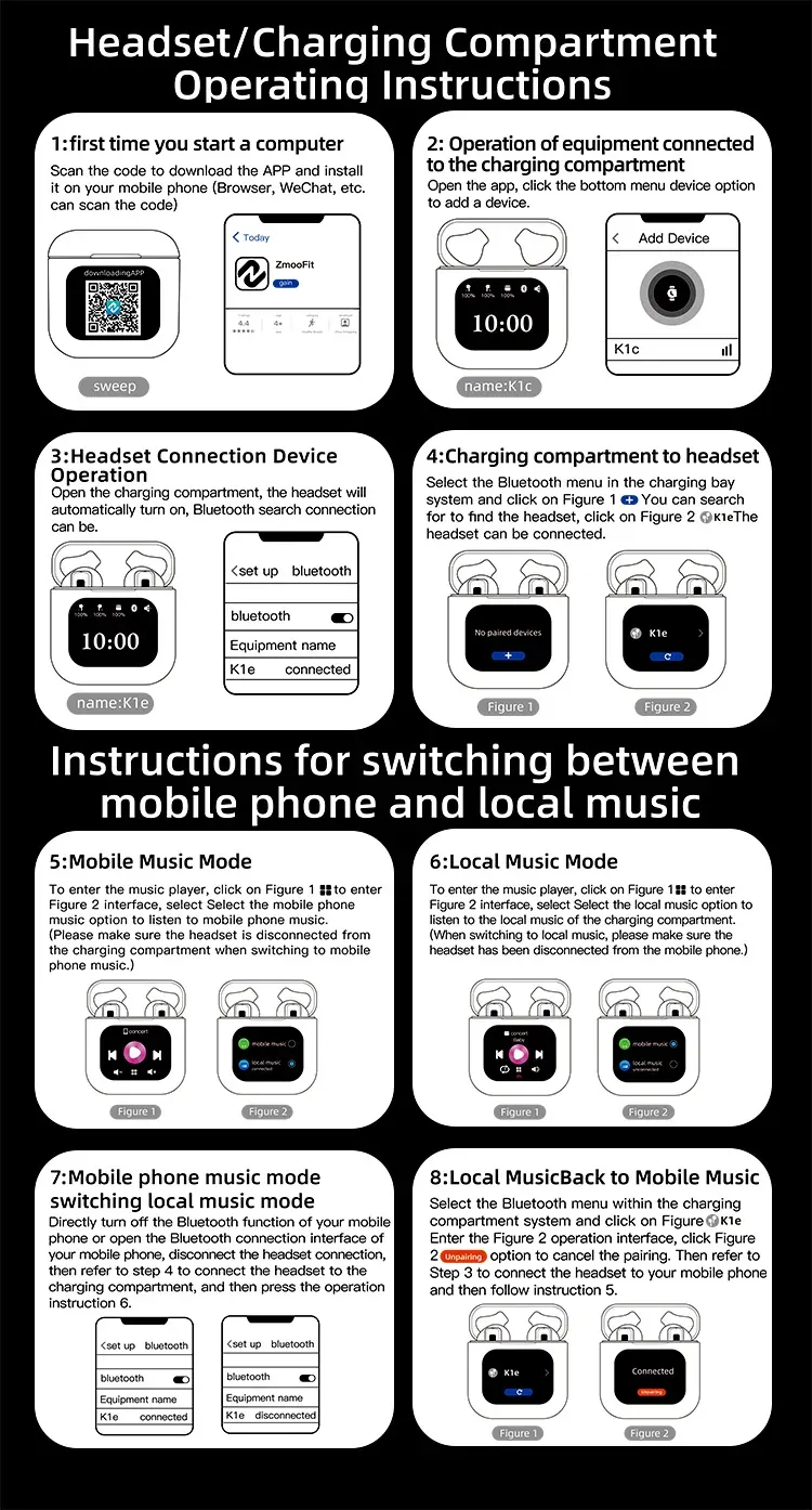 Smart Screen Touch Bluetooth Earphones Built-in 8GB Storage APP Control Video Switch Noise Reduction Message Reminder Earbuds_voghion.com