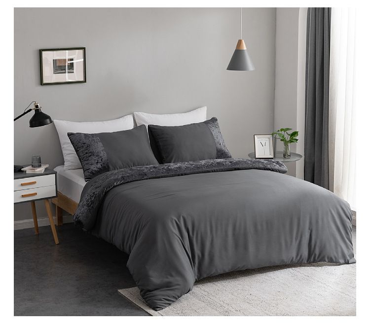 Parure de lit minimaliste moderne, housse de couette et taies d'oreiller gris clair et gris foncé - Fibre synthétique 90 g/m² avec teinture réactive_voghion.com