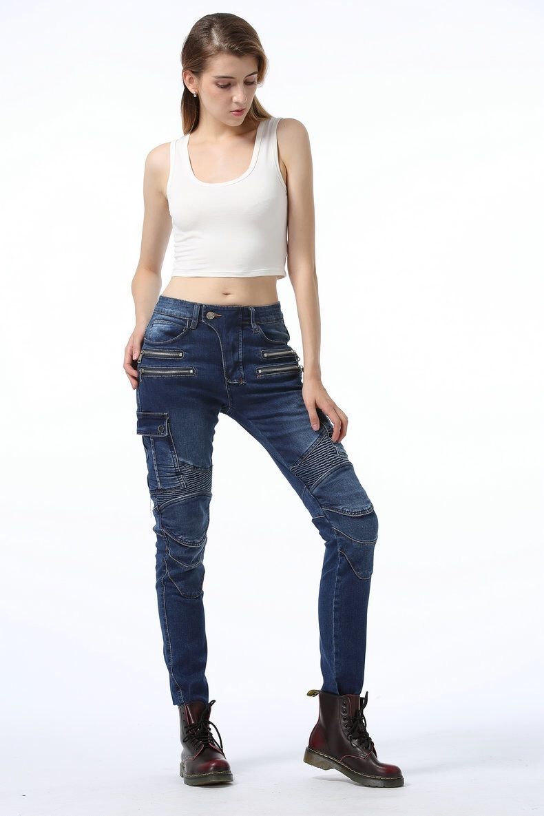 Jeans elasticizzati da motociclista da donna - Pantaloni da motociclista per tutte le stagioni con protezione per le ginocchia, denim ad alta elasticità per la guida fuoristrada e in città (nero/blu/verde)_voghion.com