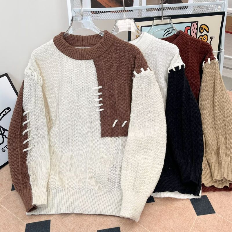 Maglione casual unisex con lavorazione a maglia larga e motivo patchwork a blocchi di colore, dal design unico e irregolare_voghion.com