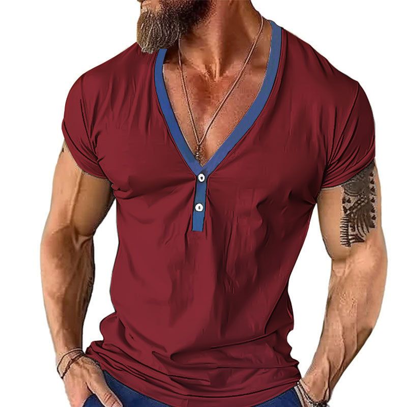 T-shirt Henley décontracté à manches courtes et col en V pour homme, haut à blocs de couleurs, été 2024_voghion.com