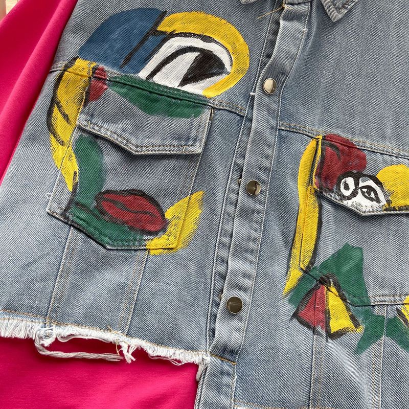 Abbigliamento donna moda design personalità graffiti stampa giunture ampio sottile denim due pezzi abito di media lunghezza_voghion.com