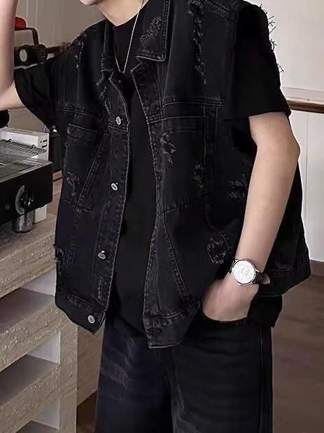Gilet in denim vintage da uomo - Giacca casual estiva leggera con bottoni frontali e tasche laterali, vestibilità comoda per campeggio all'aperto e streetwear (_voghion.com