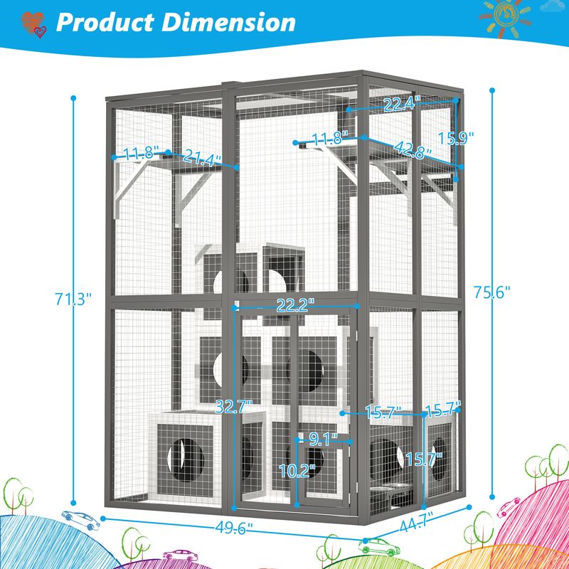 Outdoor Wooden Cat Catio - Large Solid Wood Cat Cage Playpen With 2 Jumping Platforms & 7 Napping Houses, Walk-in Cat Kennel Condo Shelter, Grey_voghion.com