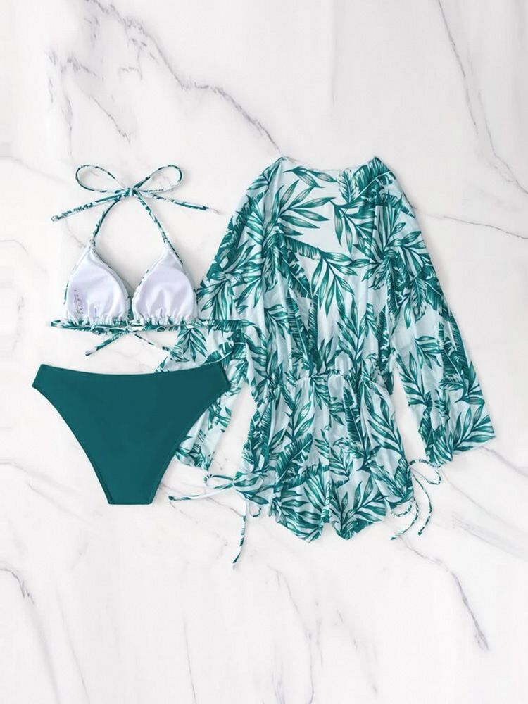 Costume da bagno intero da donna in rete con vita alta, stampa con coulisse, bikini in tre pezzi_voghion.com