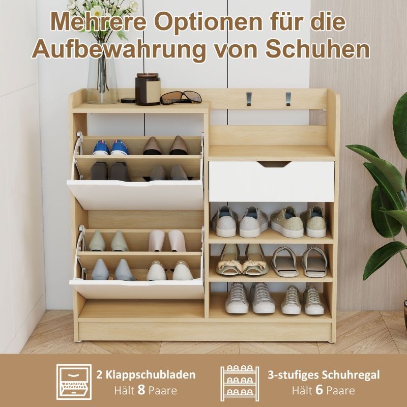 Schuhregal Natur Mit Kippschubladen, 4 Haken Für 14 Paar Schuhe_voghion.com