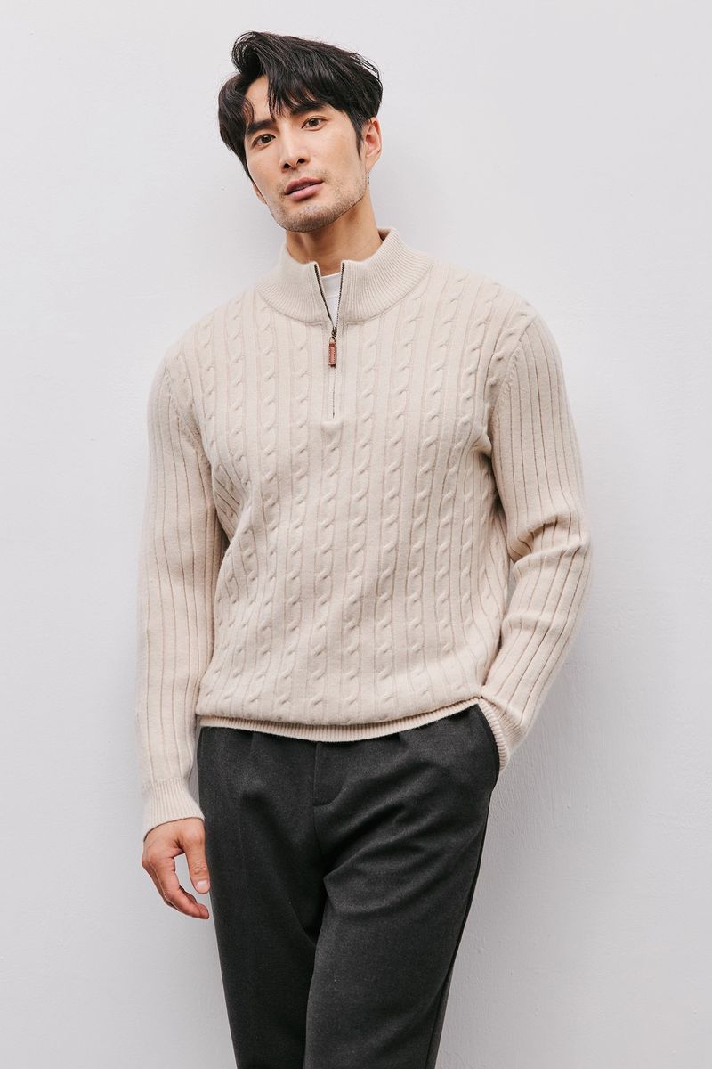 Strickpullover mit halbem Reißverschluss für Herren, Zopfmuster-Stehkragen, Oberbekleidung für Herbst und Winter, leichter Stil, Business Casual_voghion.com